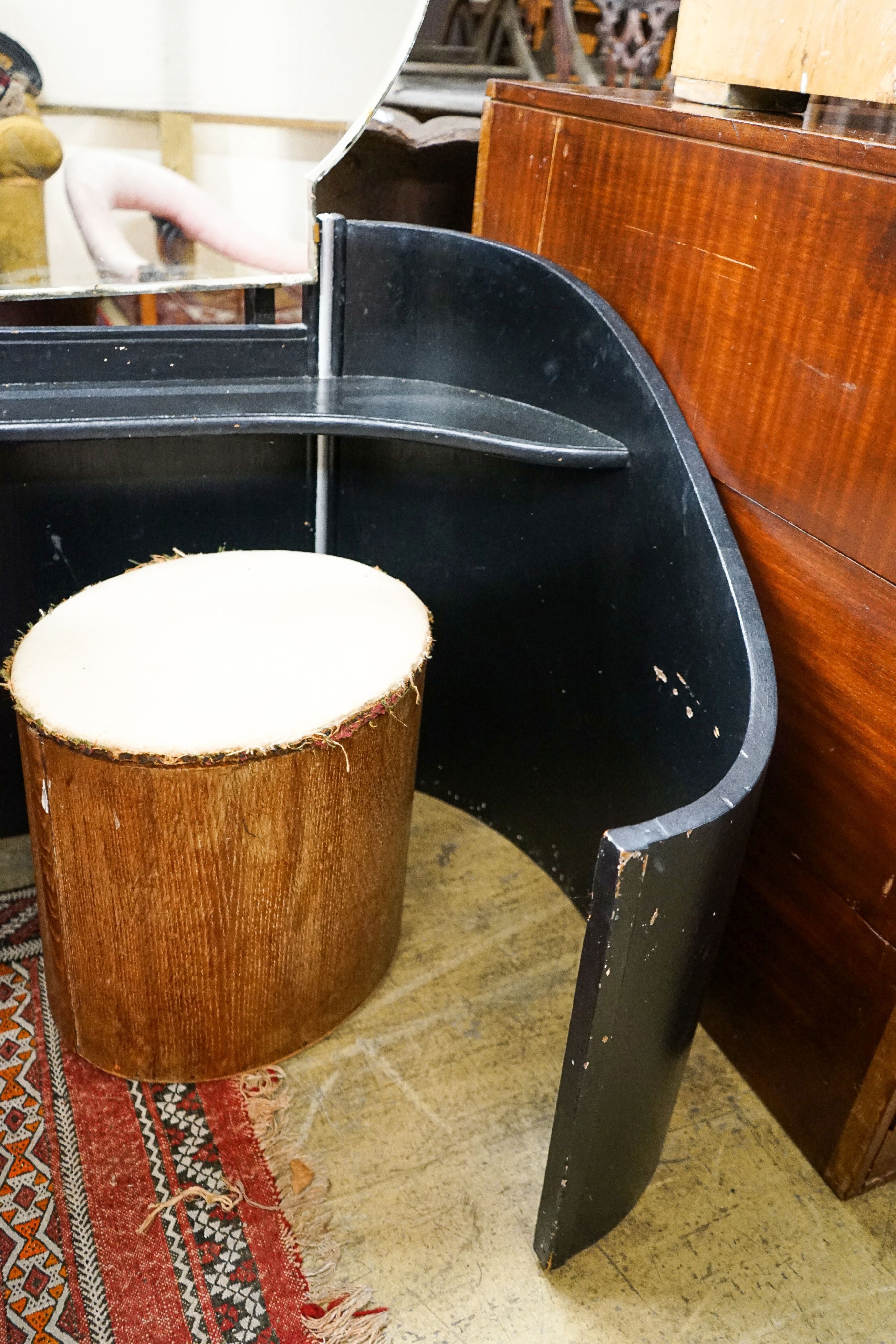 An Art Deco style painted dressing table, length 100cm, depth 70cm, height 130cm and oval stool, later painted